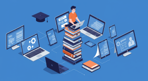 Laptop, tablet ve kitaplarla çevrili bir öğrenci; dijital çağda online öğrenmenin fırsatlarını ve zorluklarını simgeleyen modern illüstrasyon.