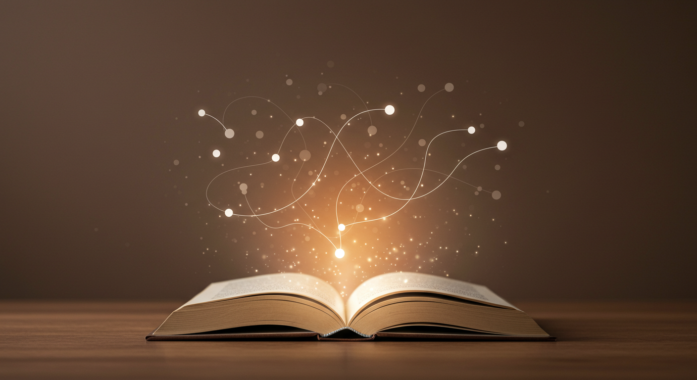 Açık bir kitaptan yükselen ışık ve beyin bağlantılarını simgeleyen çizgilerle hayat boyu öğrenmenin gücü ve merakı anlatan görsel