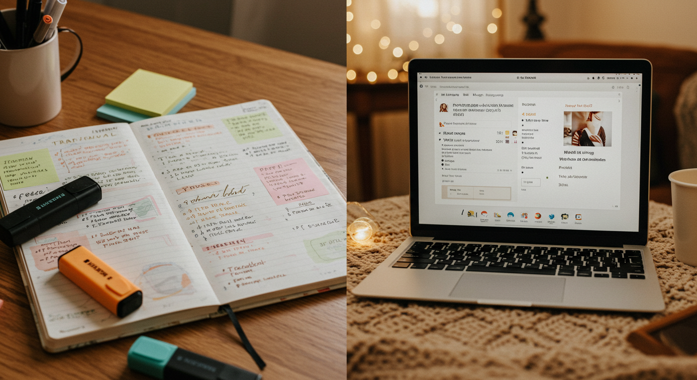 Açık defterde renkli el yazısı notlar ve yanında dijital not alma uygulaması açık bir laptop, geleneksel ve modern yöntemlerin birleşimi.